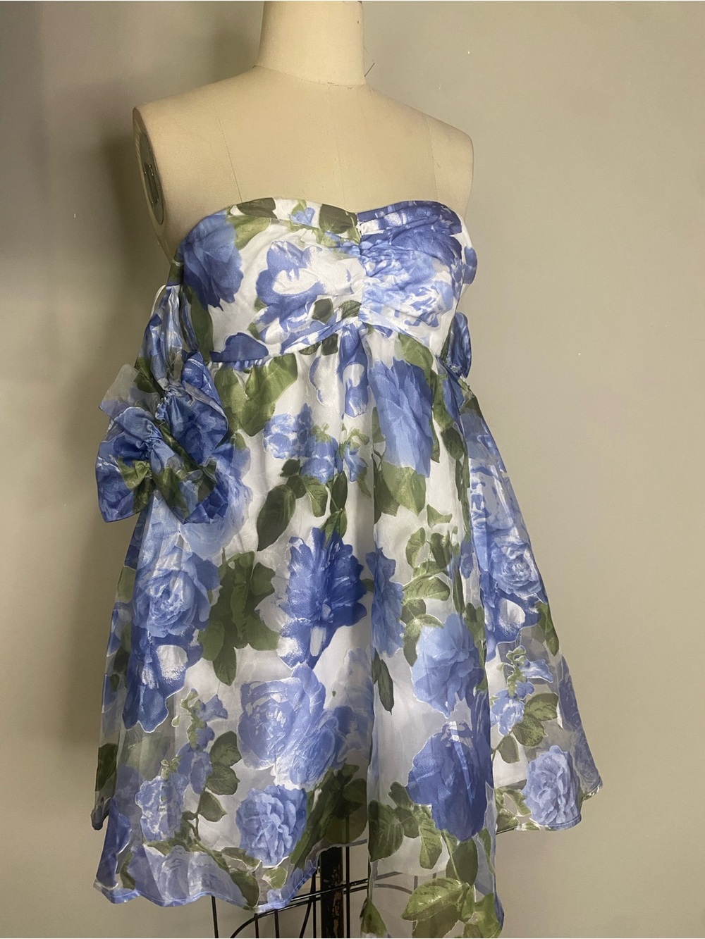 Strapless Blue Floral Formal Dress with Side Bow